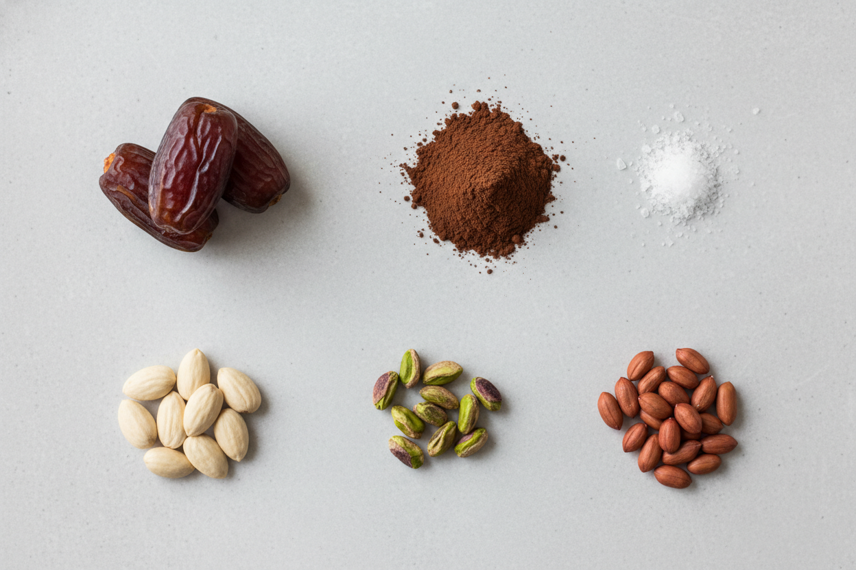 Dates, Almonds, Pistachios, Peanuts, Cocoa Powder and Sea Salt - all seprately and jus mimimum quantity 